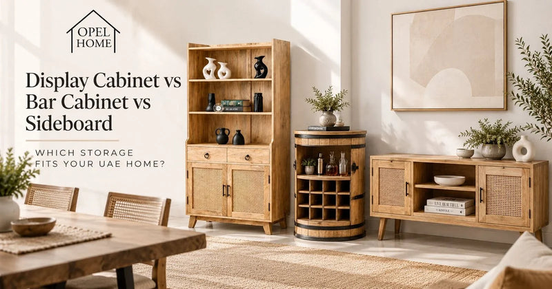 Tall display cabinet, round bar cabinet and rattan sideboard together in a bright UAE dining room