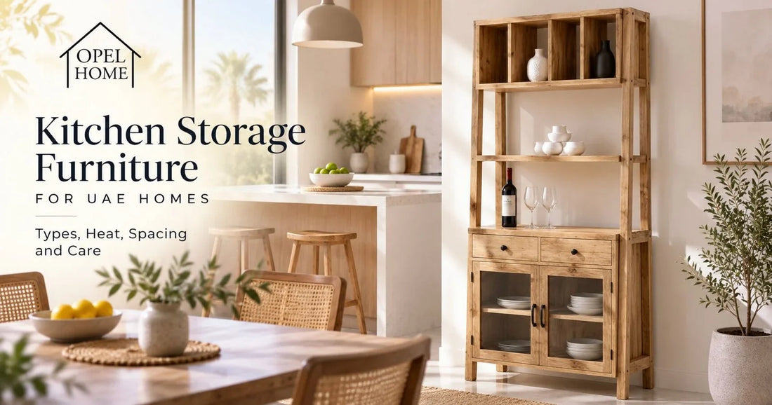 Tall wooden kitchen storage cabinet with glass doors and drawers beside a dining table