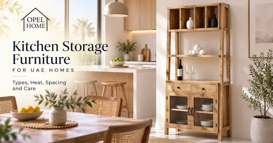 Tall wooden kitchen storage cabinet with glass doors and drawers beside a dining table