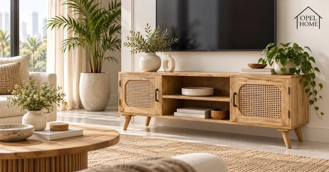 Light solid wood TV unit with two rattan cane doors and an open shelf under a wall-mounted TV in a bright living room
