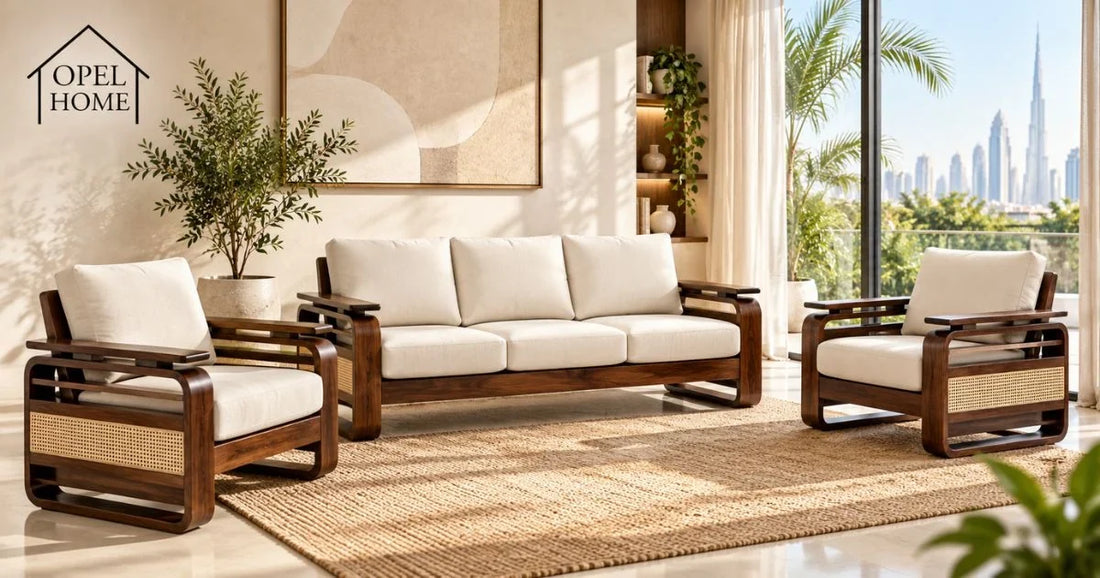 Solid wood 3+1+1 sofa set with a dark wooden frame, cane side panels and cream cushions in a bright Dubai living room
