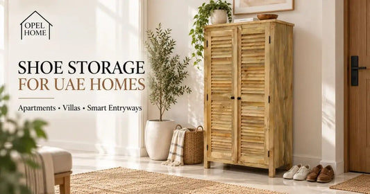Tall wooden shoe cabinet with louvred doors beside an apartment front door
