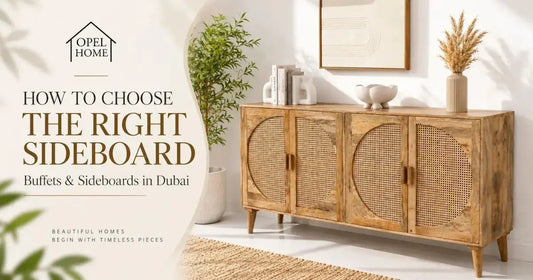 Four-door wooden sideboard with round rattan door panels in a bright living room