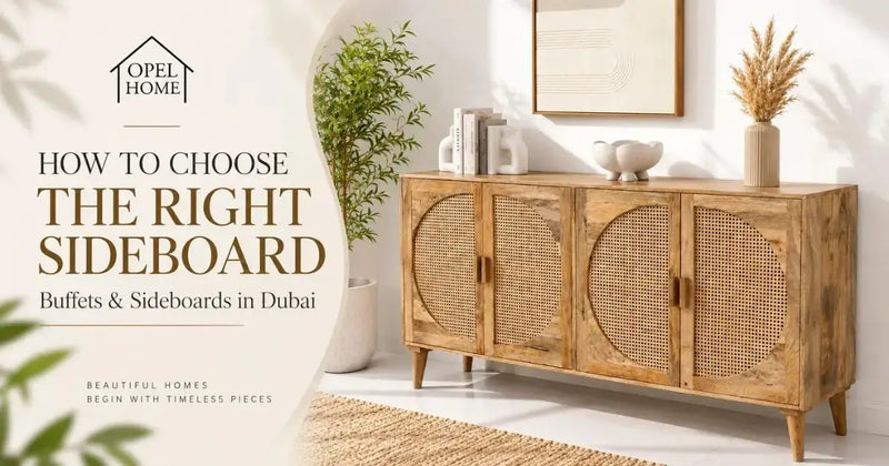Four-door wooden sideboard with round rattan door panels in a bright living room