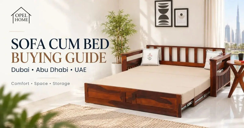 Wooden sofa cum bed pulled out into a double bed in a bright living room