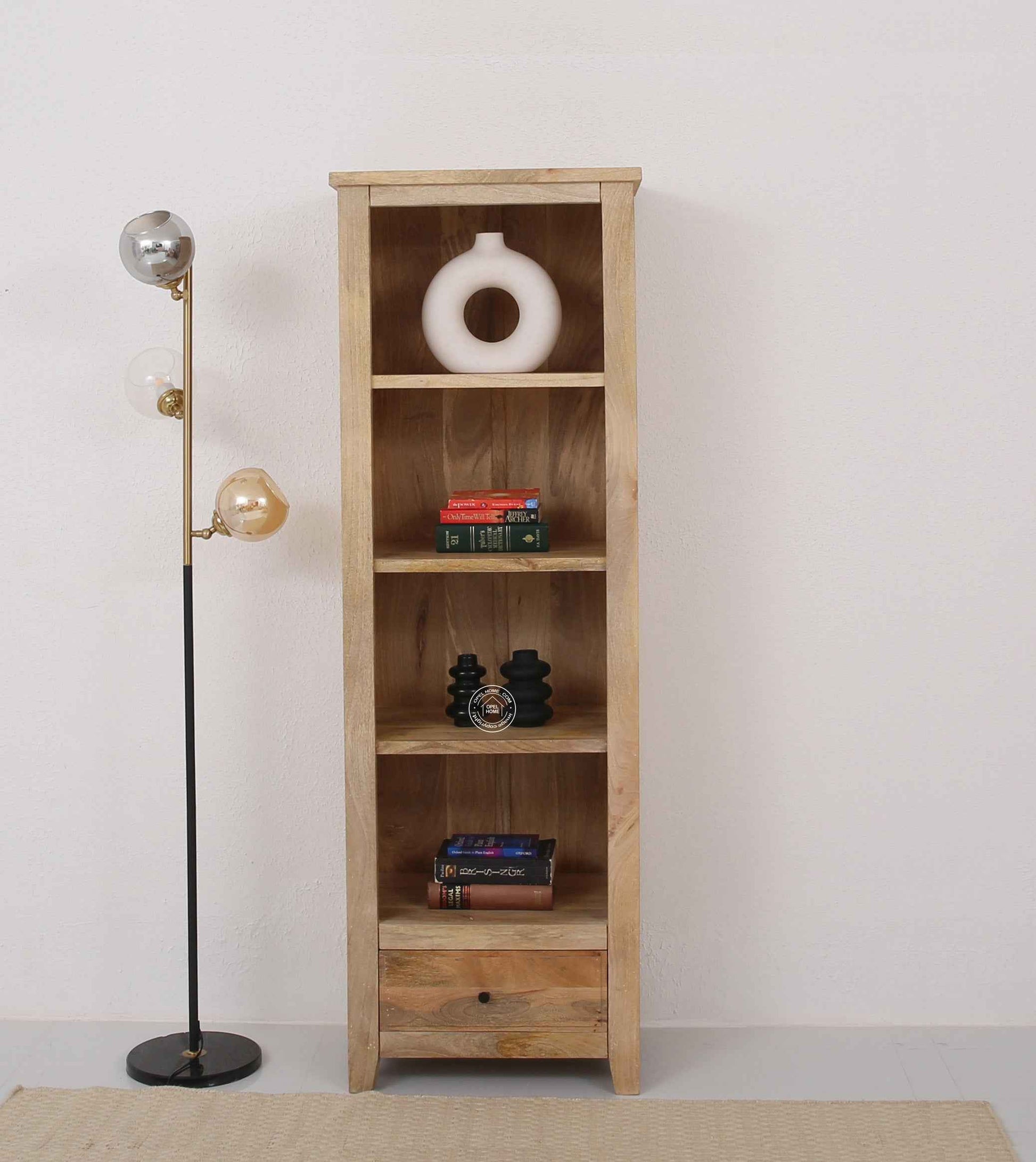 Max Wooden Bookcase – Solid Mango Wood, Natural Finish, Tall Shelving | Opelhome UAE