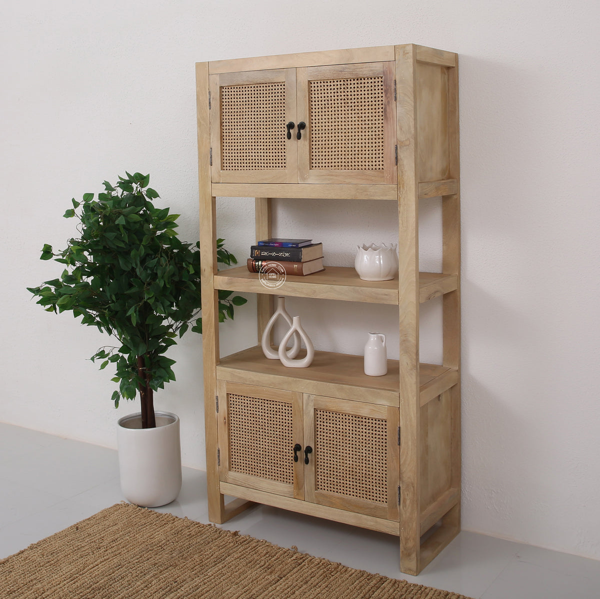 Lazy Rattan Display Cabinet – Solid Mango Wood, 180 cm | Opelhome UAE