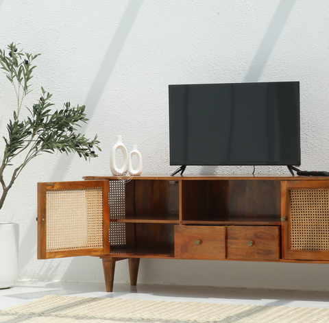 Apollo Rattan wooden 2 door 2 Drawers Media Unit (Honey finish)