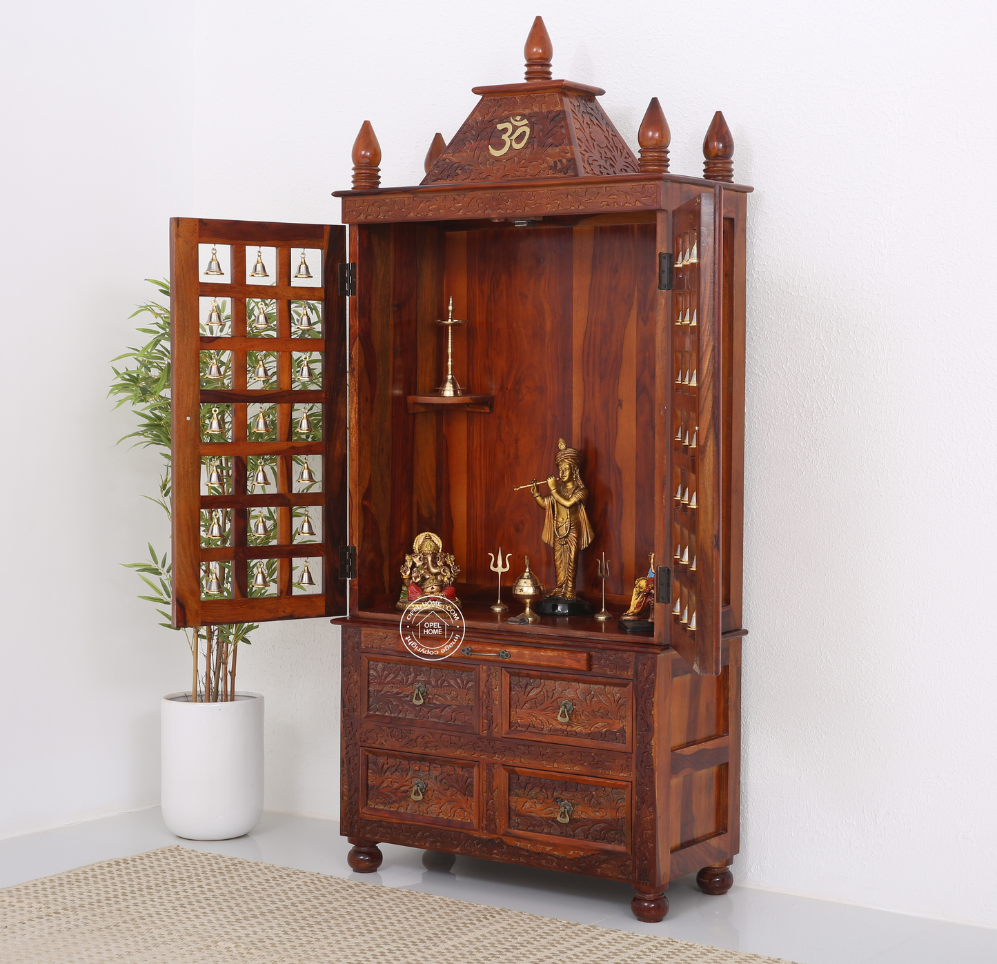 Rose Wood Home Temple with Bell Doors – Honey Finish