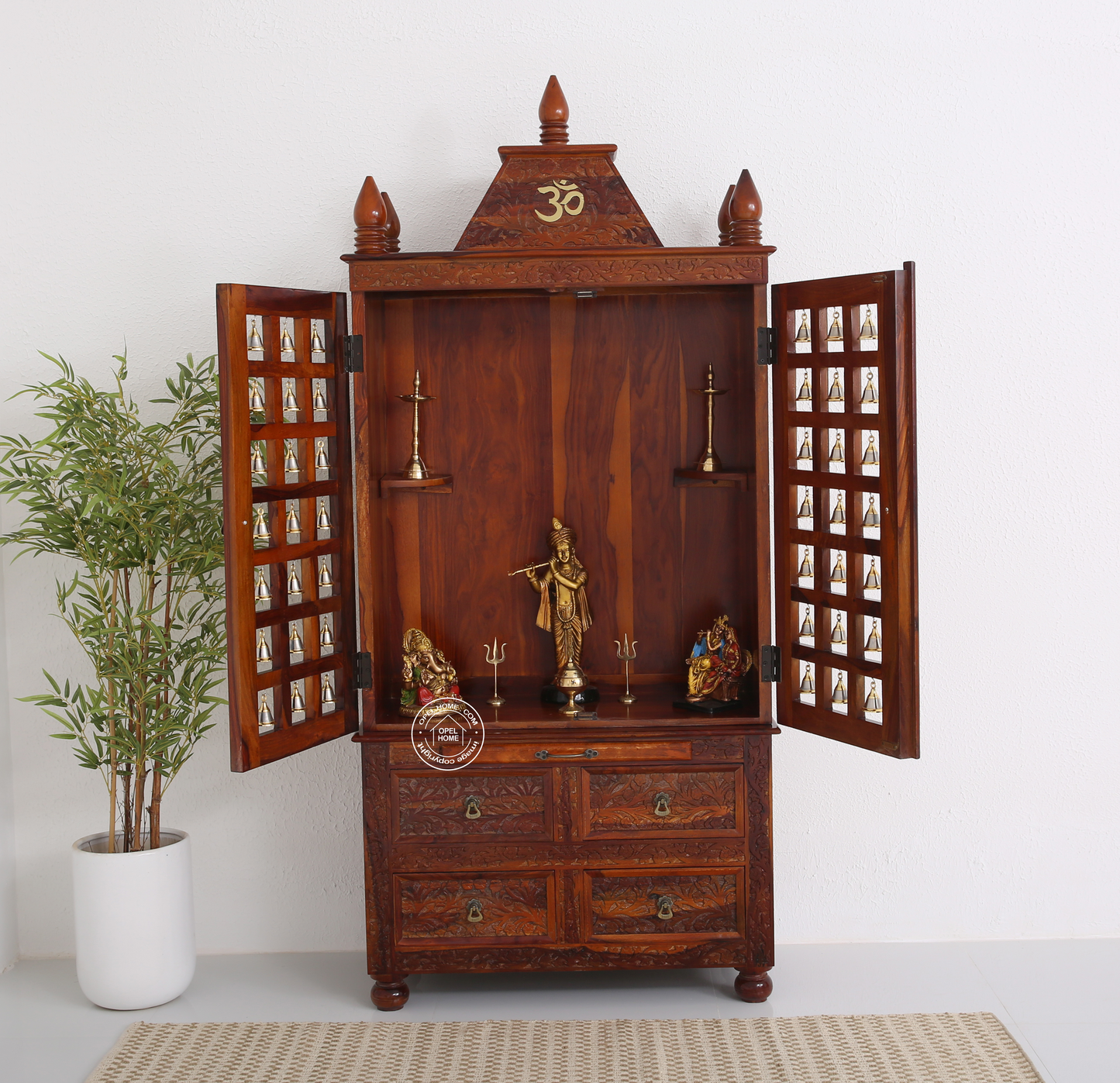 Rose Wood Home Temple with Bell Doors – Honey Finish