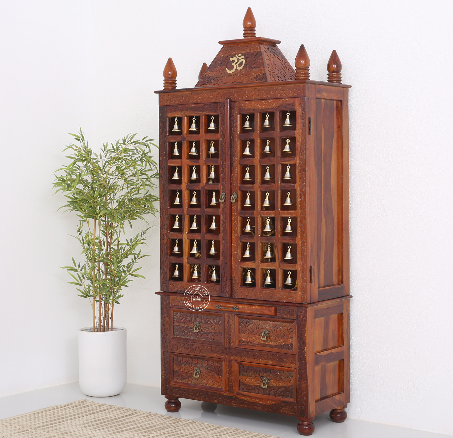 Rose Wood Home Temple with Bell Doors – Honey Finish