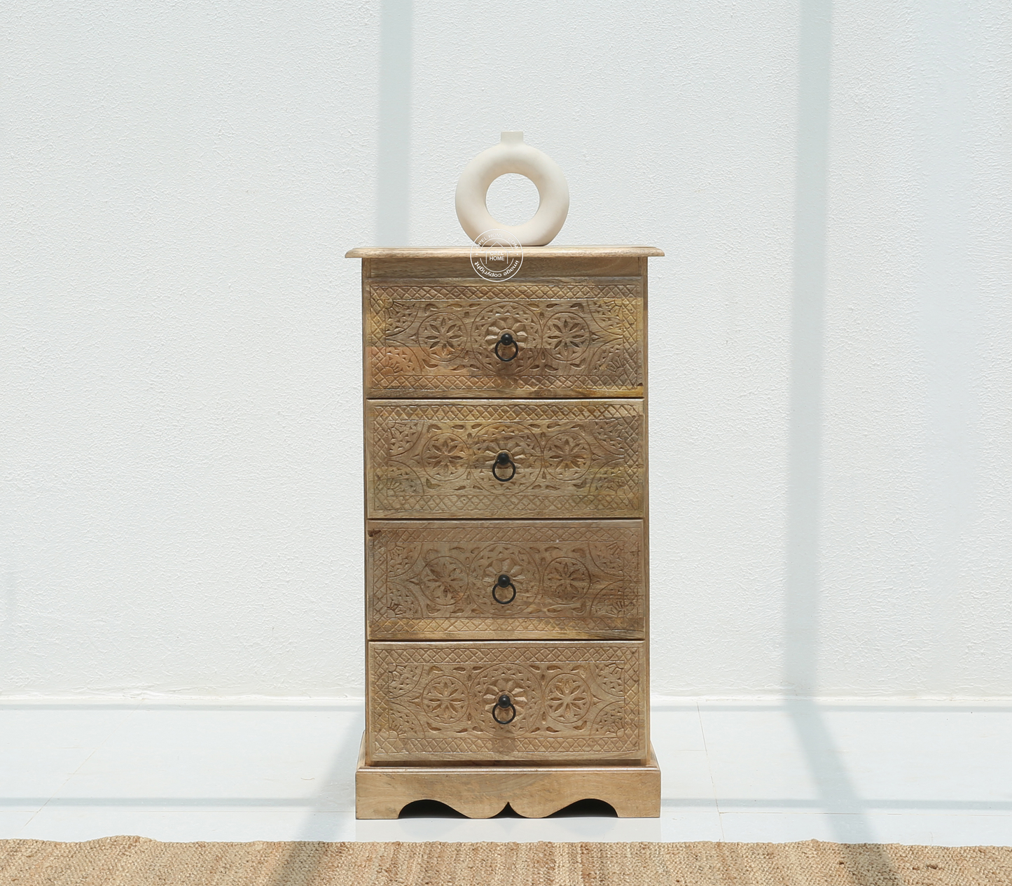 Willow Wooden Carved Chest of Drawers  – Solid Mango Wood Natural Finish | Storage Cabinet UAE