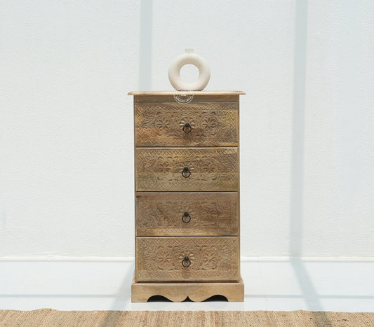 Willow Wooden Carved Chest of Drawers  – Solid Mango Wood Natural Finish | Storage Cabinet UAE