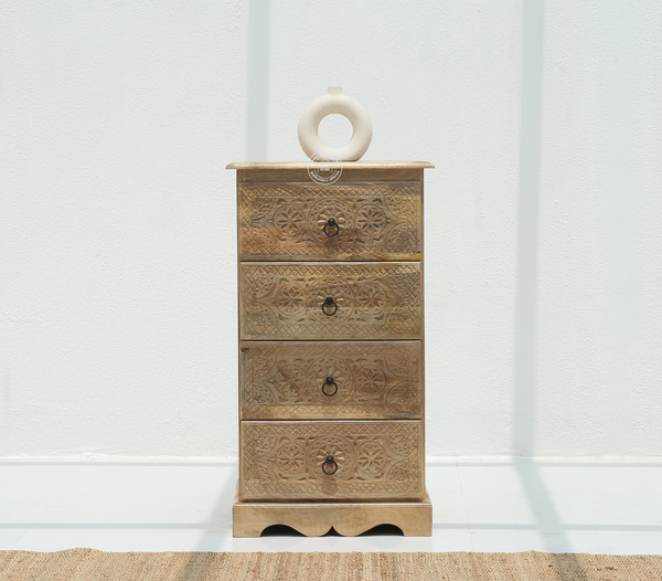 Willow Wooden Carved Chest of Drawers  – Solid Mango Wood Natural Finish | Storage Cabinet UAE