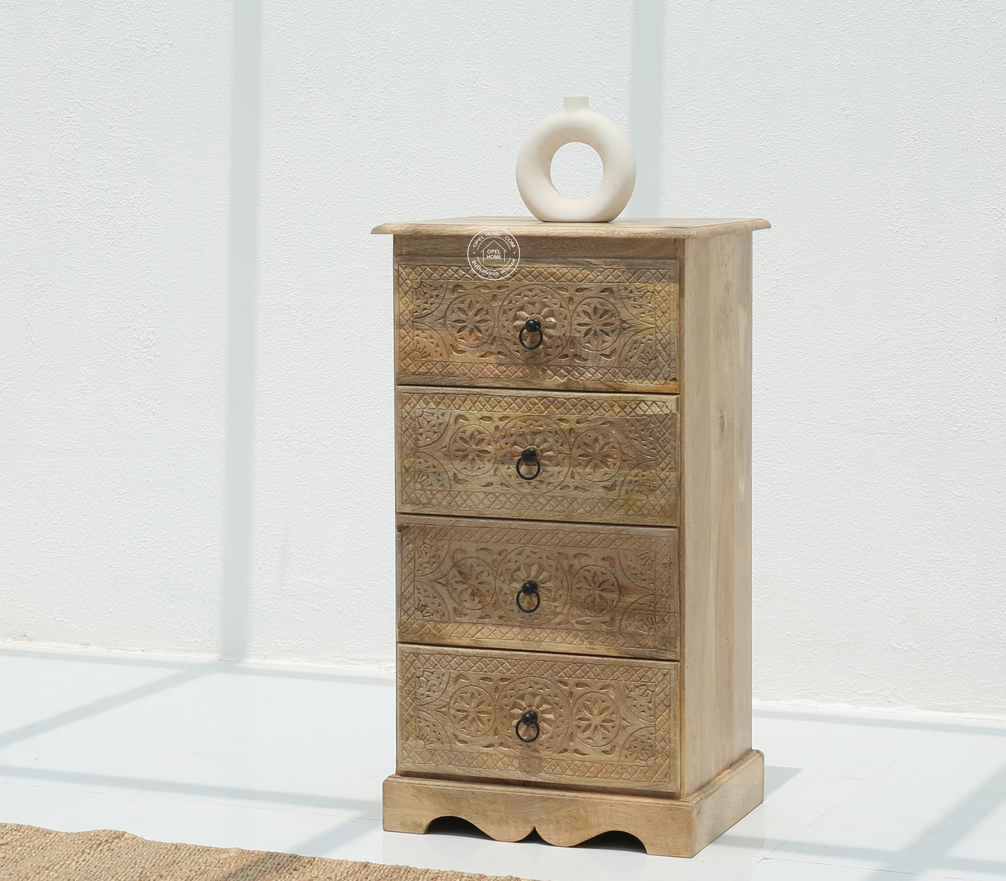 Willow Wooden Carved Chest of Drawers  – Solid Mango Wood Natural Finish | Storage Cabinet UAE