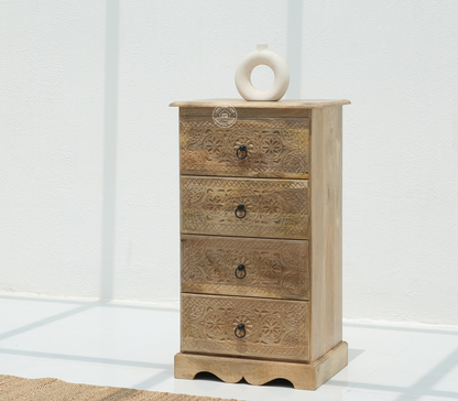 Willow Wooden Carved Chest of Drawers  – Solid Mango Wood Natural Finish | Storage Cabinet UAE