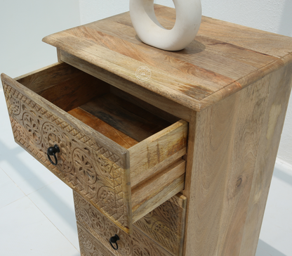 Willow Wooden Carved Chest of Drawers  – Solid Mango Wood Natural Finish | Storage Cabinet UAE