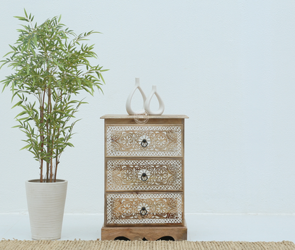 Willow Wooden Carved Chest of Drawers – Solid Mango Wood, Natural & White Finish | Opelhome UAE
