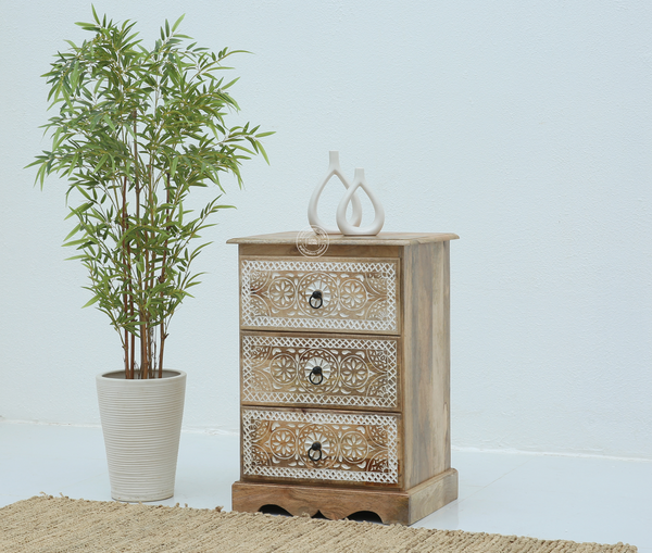 Willow Wooden Carved Chest of Drawers – Solid Mango Wood, Natural & White Finish | Opelhome UAE