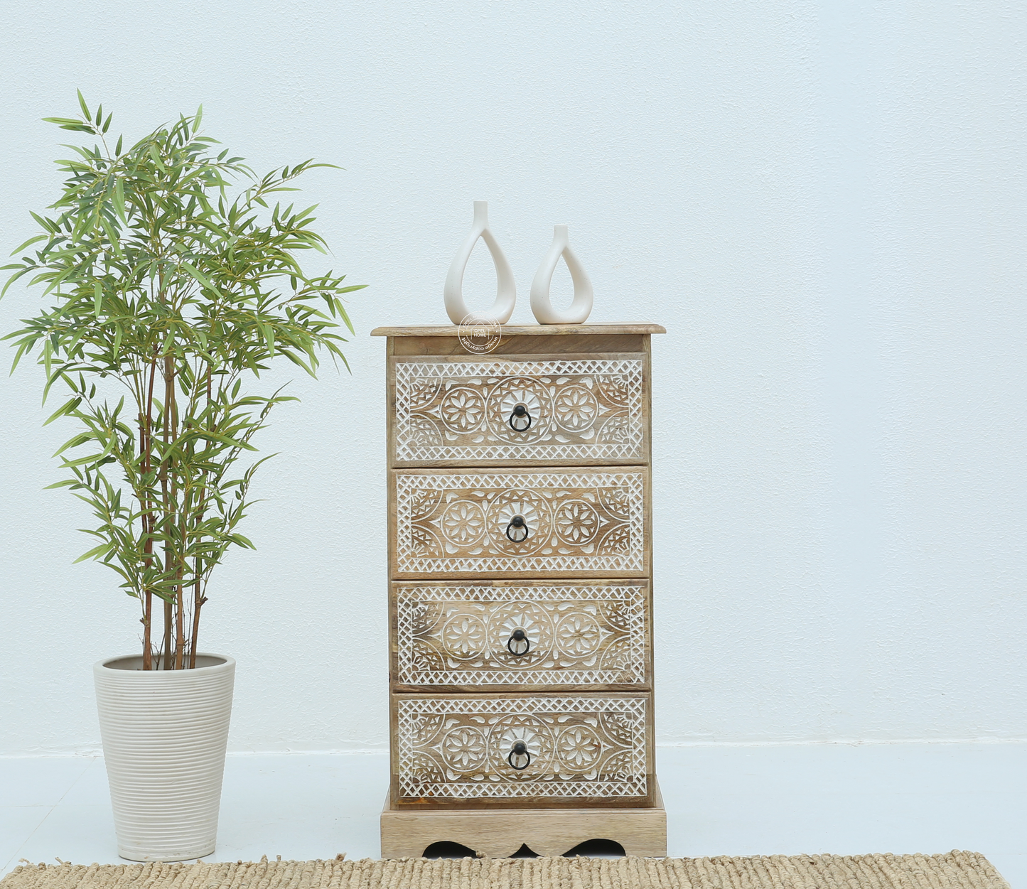Willow Wooden Carved Chest of Drawers – Solid Mango Wood, Natural & White Finish | Opelhome UAE