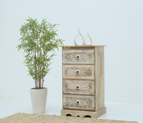 Willow Wooden Carved Chest of Drawers – Solid Mango Wood, Natural & White Finish | Opelhome UAE