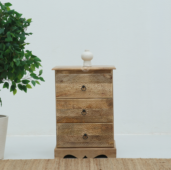 Willow Wooden Carved Chest of Drawers – Solid Mango Wood, Natural Finish  | Opelhome UAE