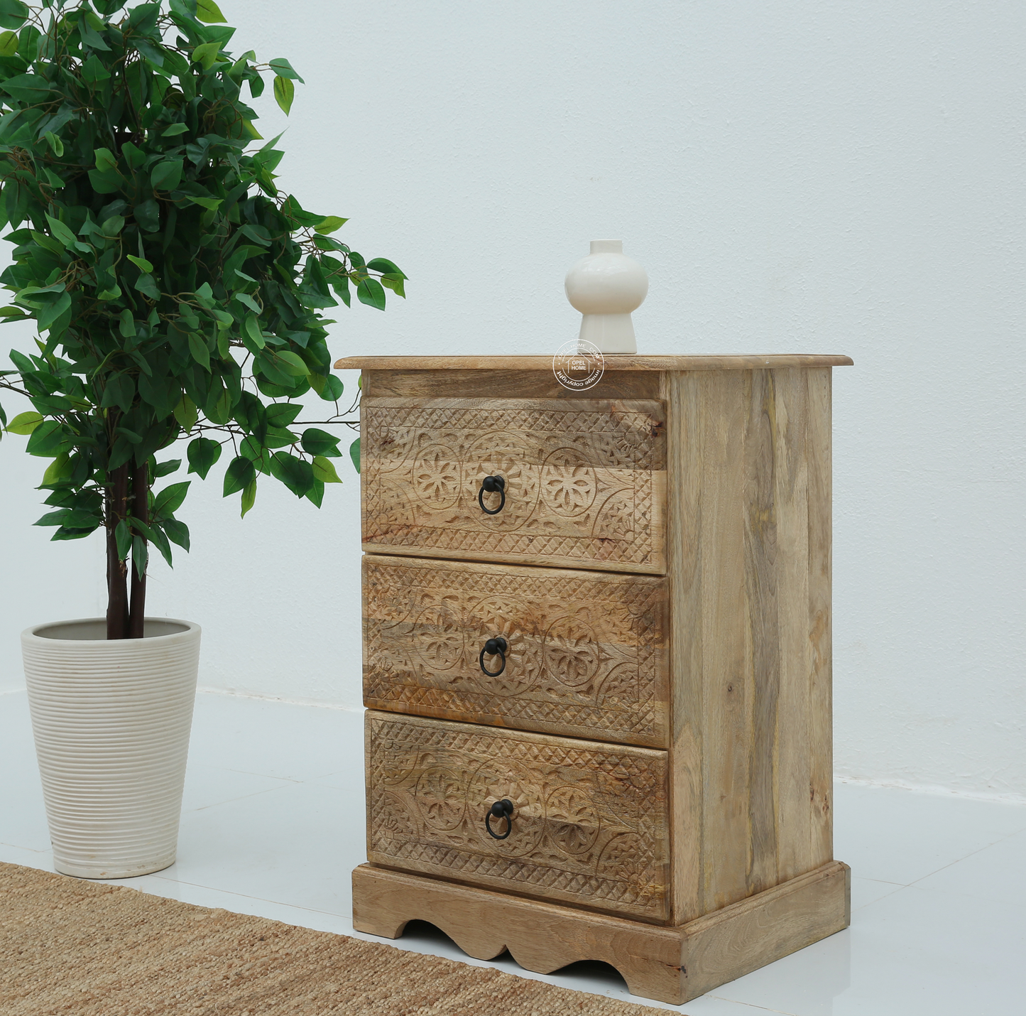 Willow Wooden Carved Chest of Drawers – Solid Mango Wood, Natural Finish  | Opelhome UAE