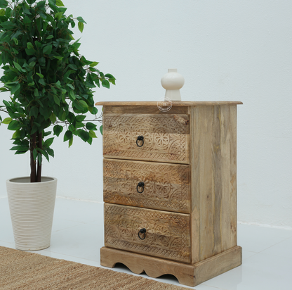 Willow Wooden Carved Chest of Drawers – Solid Mango Wood, Natural Finish  | Opelhome UAE