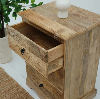 Willow Wooden Carved Chest of Drawers – Solid Mango Wood, Natural Finish  | Opelhome UAE
