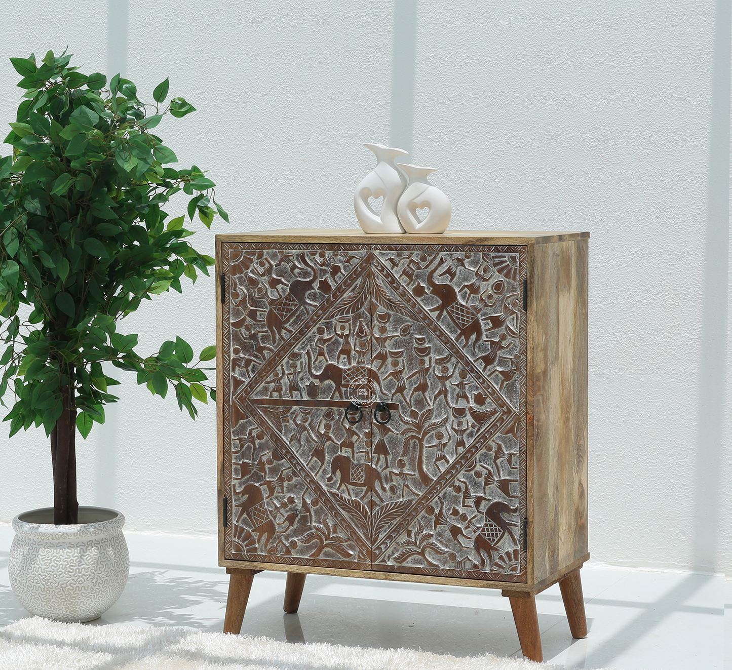 Caroa Two Door Wooden Sideboard & Buffet – Solid Mango Wood (Natural & White Finish)