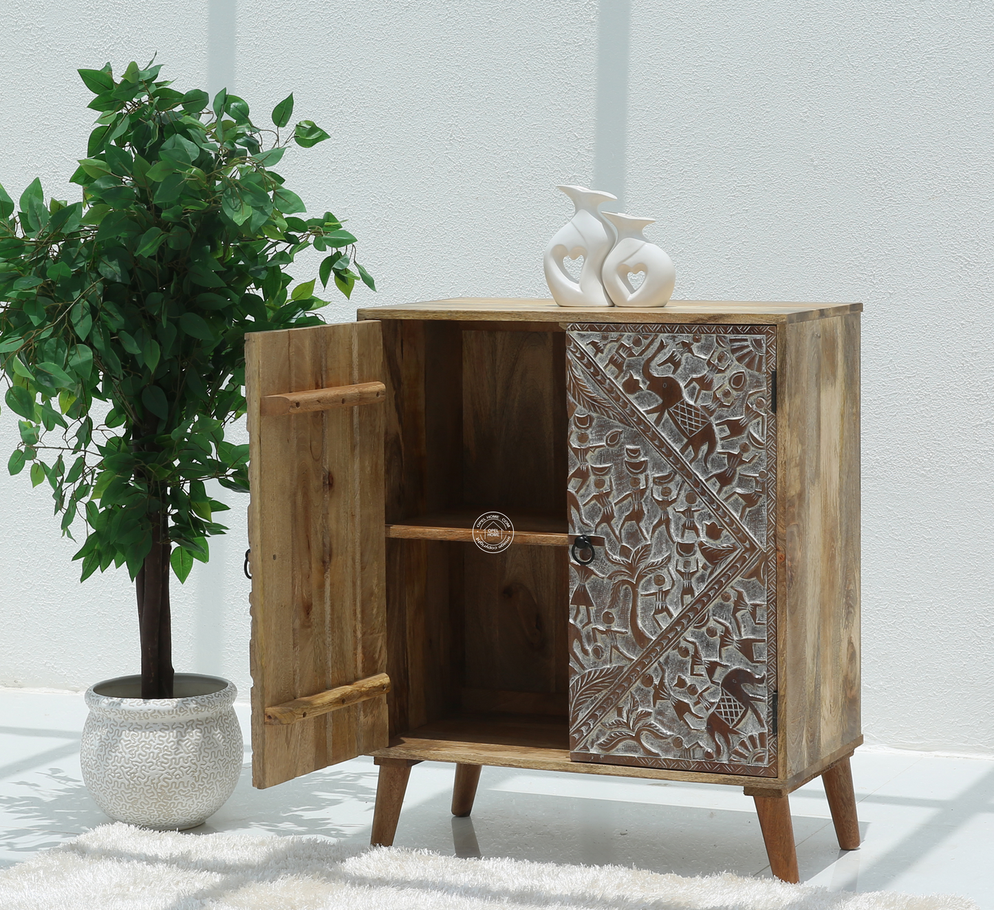 Caroa Two Door Wooden Sideboard & Buffet – Solid Mango Wood (Natural & White Finish)