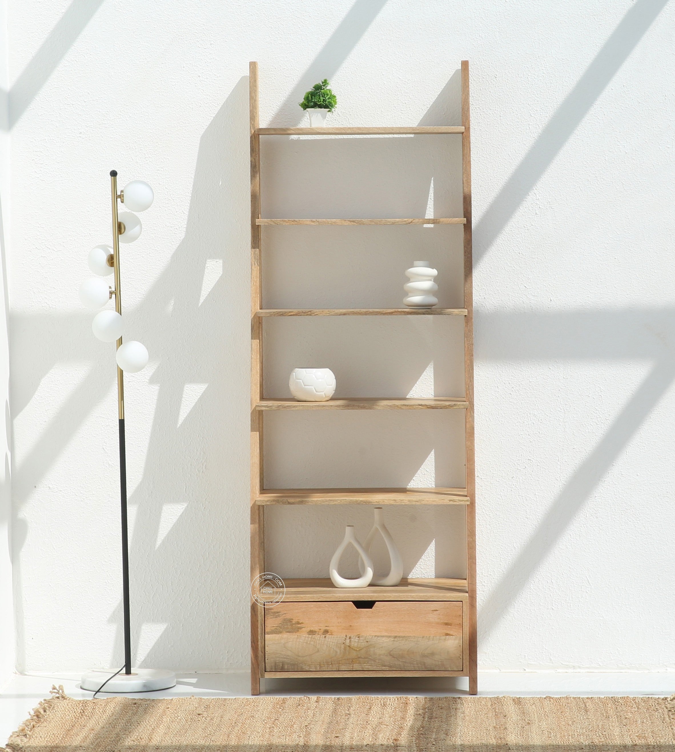 Alferd Ladder Mango Wood Bookcase with Drawer – Natural Finish, 196 cm | Opelhome UAE