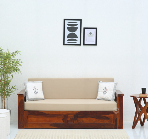 Zentra Wooden Sofa cum Bed With Storage (Honey finish)