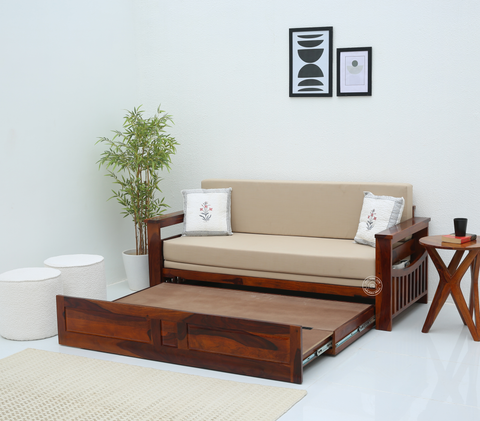Zentra Wooden Sofa cum Bed With Storage (Honey finish)