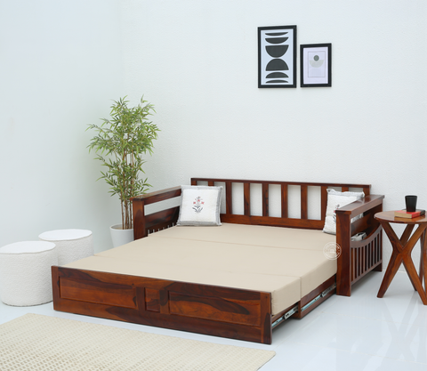 Zentra Wooden Sofa cum Bed With Storage (Honey finish)