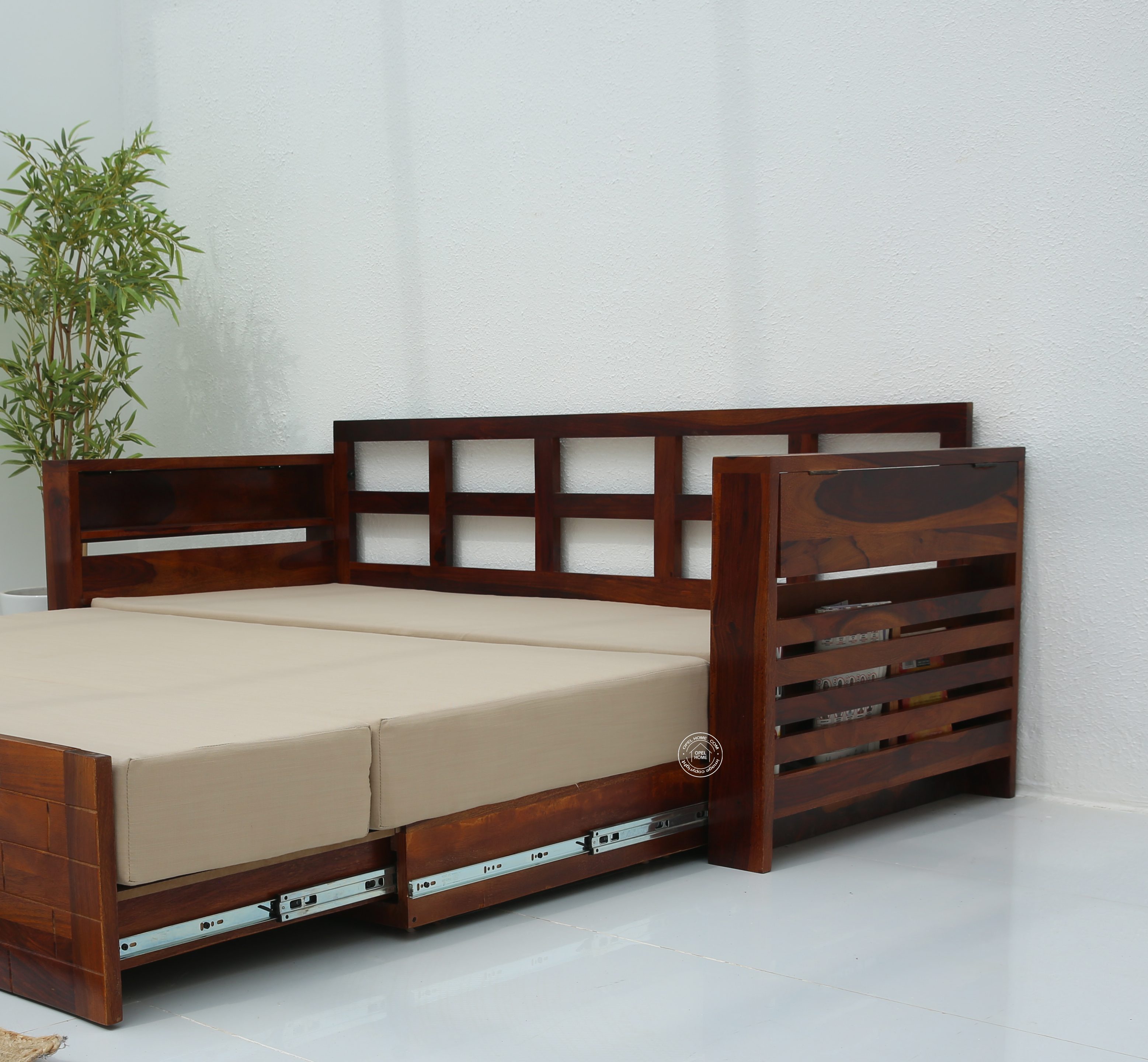 Reva Wooden Sofa cum Bed With Storage (Honey finish)