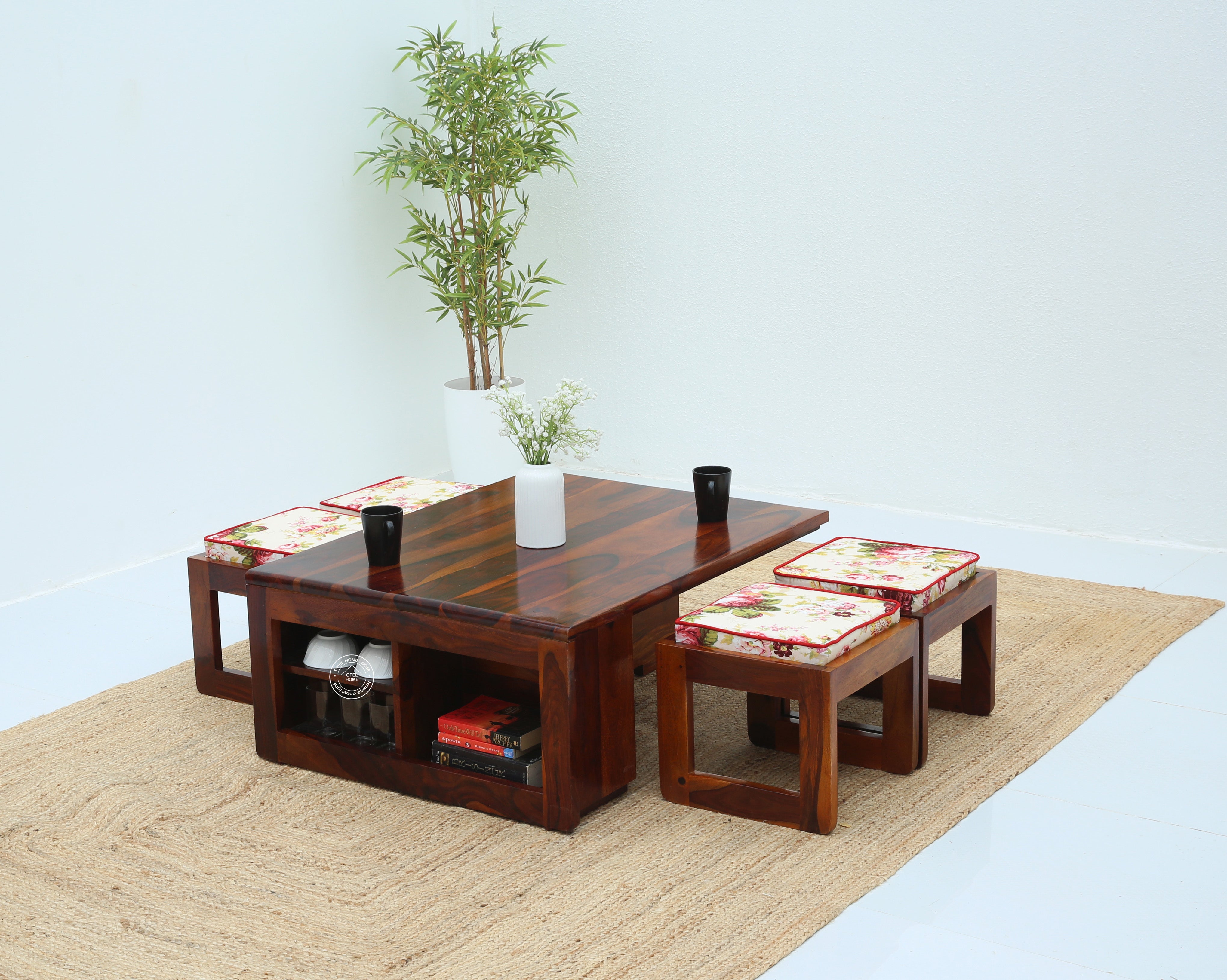 Terra Wooden Coffee Table with Four Stools