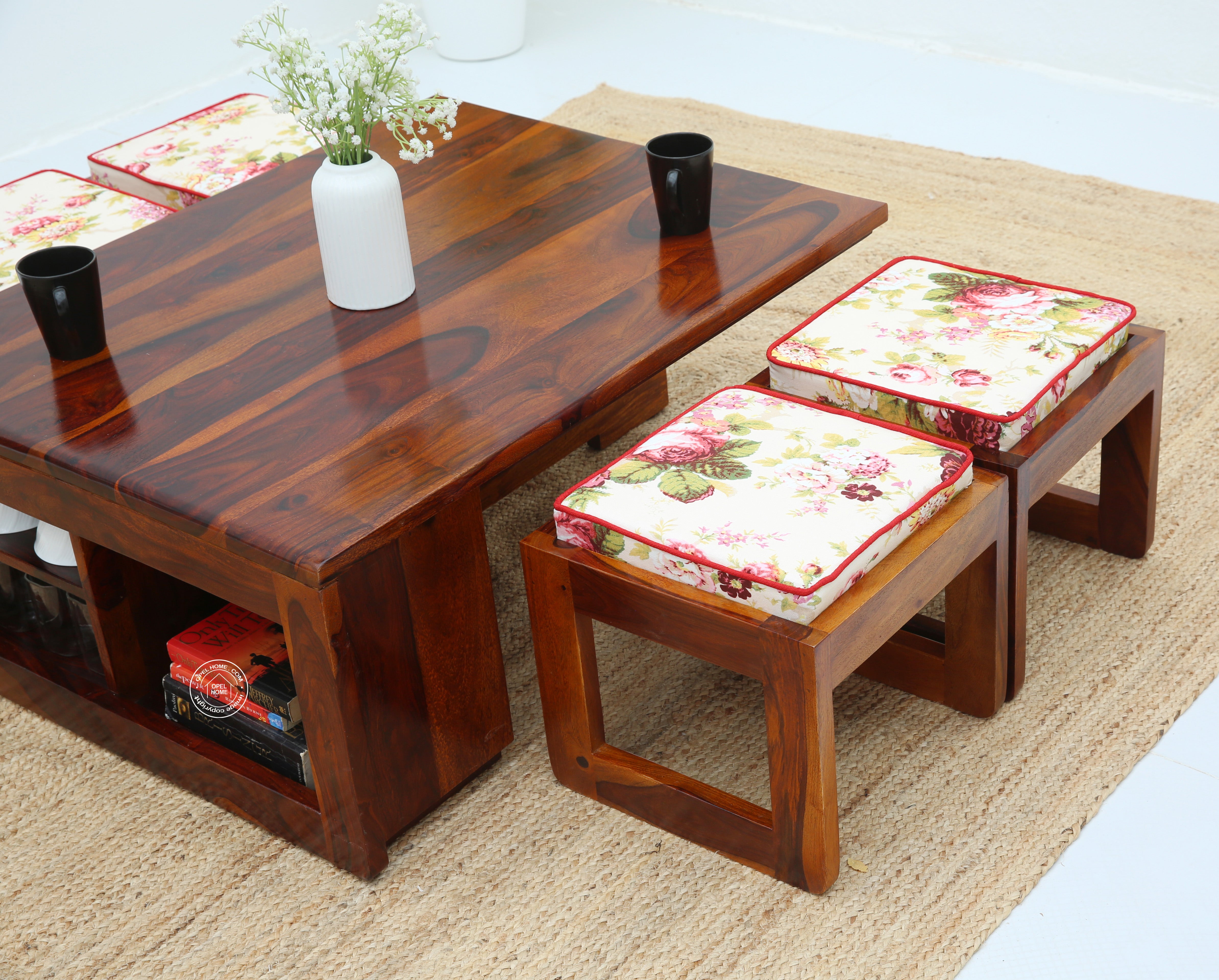 Terra Wooden Coffee Table with Four Stools
