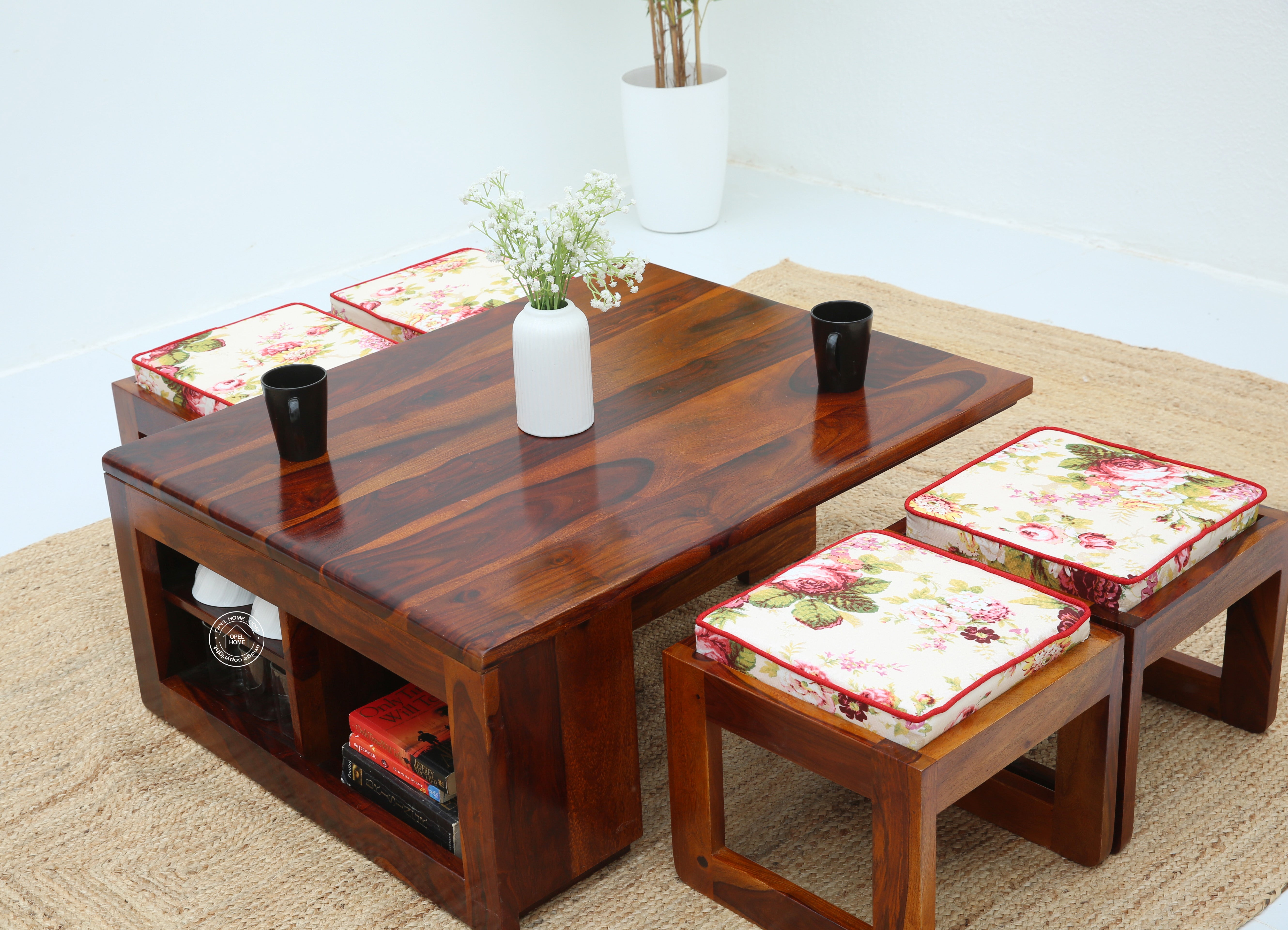 Terra Wooden Coffee Table with Four Stools