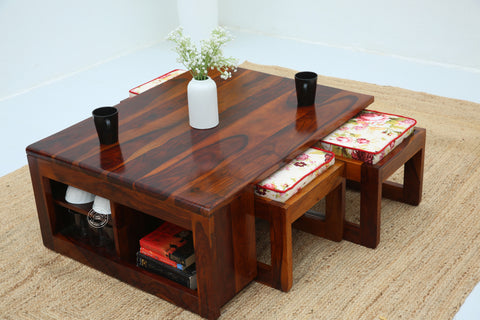 Terra Wooden Coffee Table with Four Stools