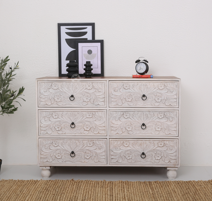 Parker Wooden Chest of Drawers – 6 Drawers, Solid Mango Wood, White Finish | Opelhome UAE