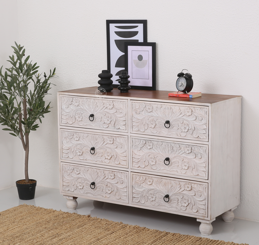 Parker Wooden Chest of Drawers – 6 Drawers, Solid Mango Wood, White Finish | Opelhome UAE