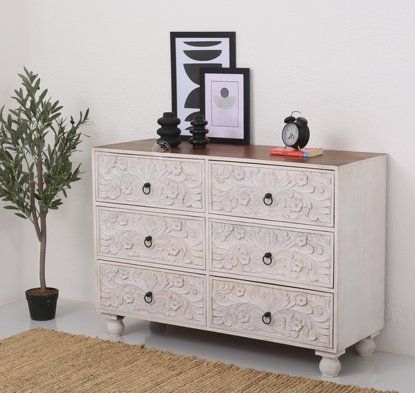 Parker Wooden Chest of Drawers – 6 Drawers, Solid Mango Wood, White Finish | Opelhome UAE