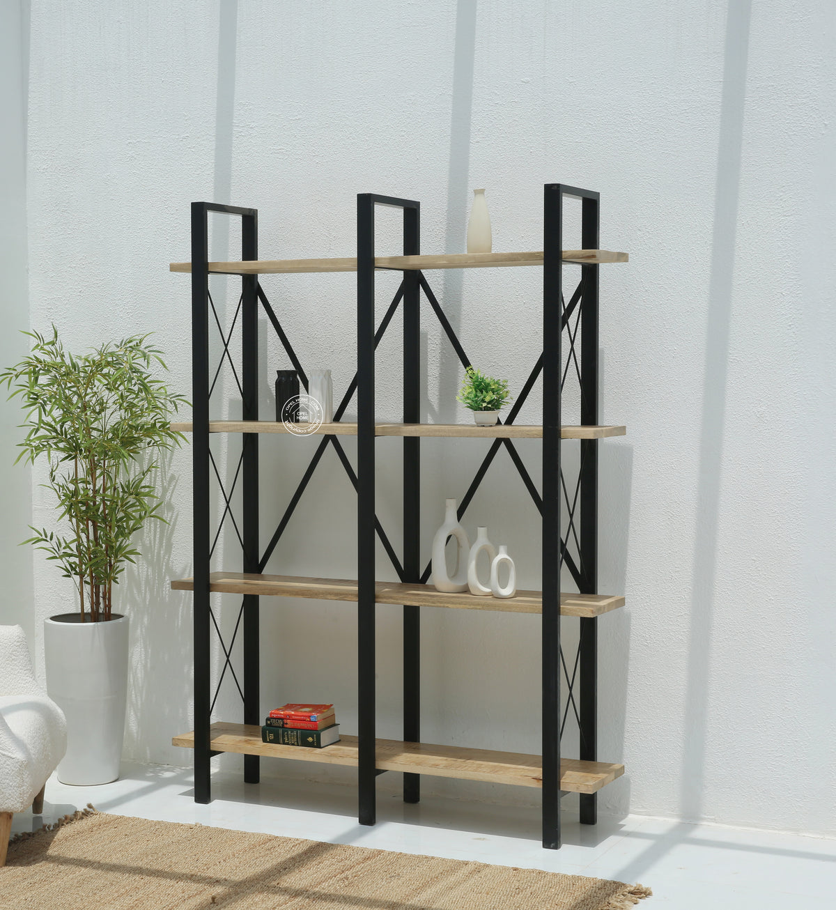 Brogan Industrial Bookshelves – Solid Mango Wood & Iron, 150 cm | Opelhome UAE