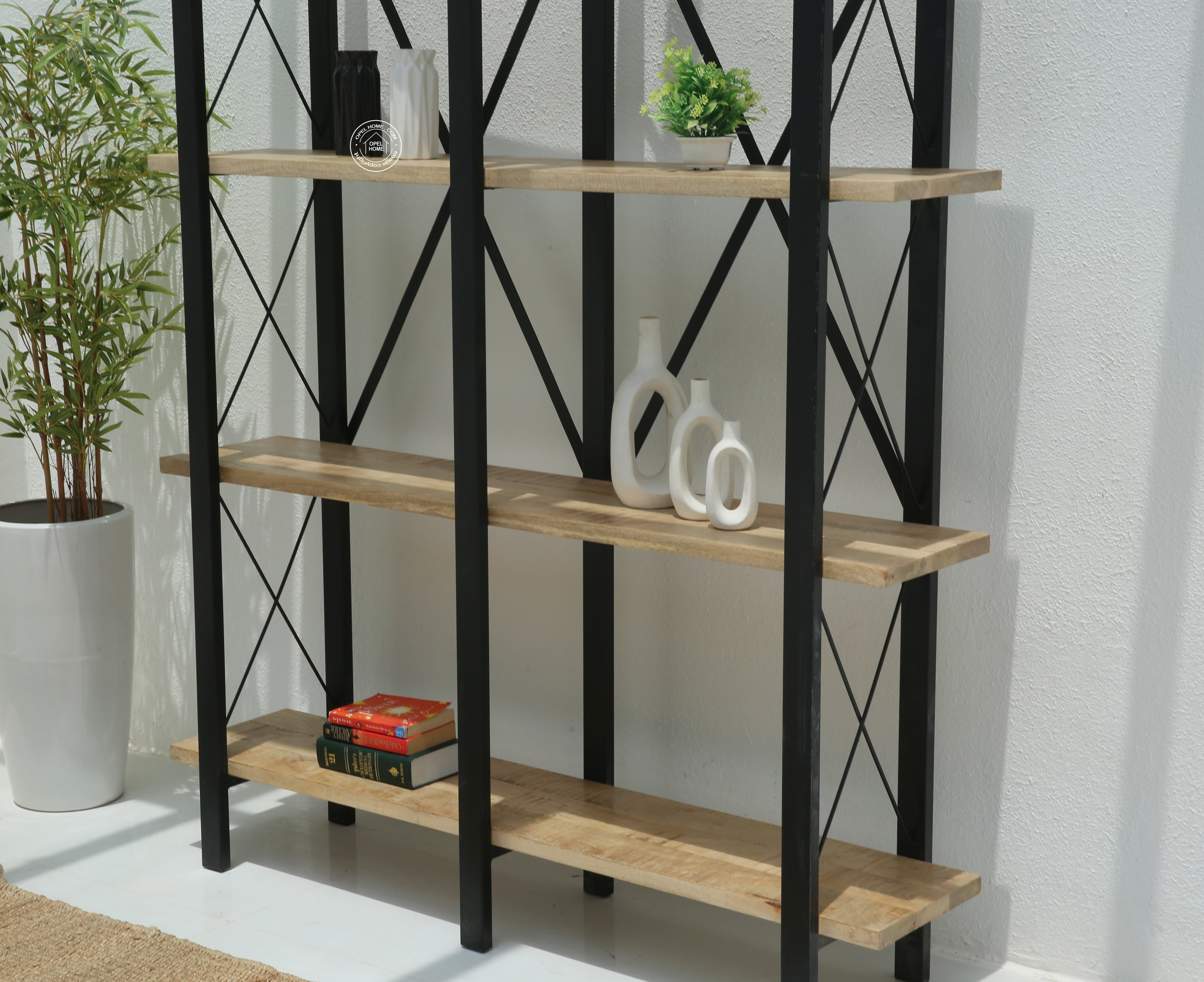 Brogan Industrial Bookshelves – Solid Mango Wood & Iron, 150 cm | Opelhome UAE