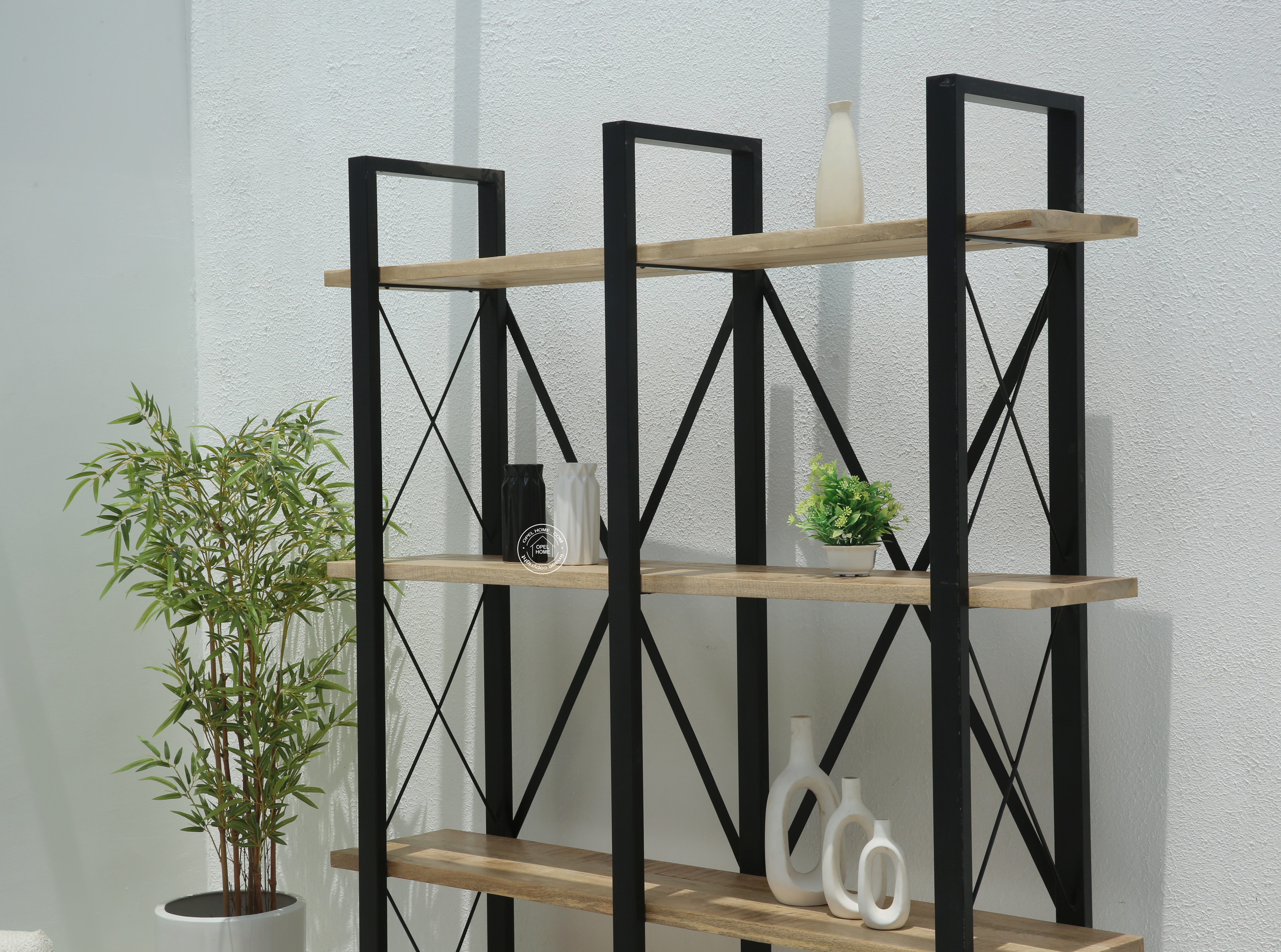 Brogan Industrial Bookshelves – Solid Mango Wood & Iron, 150 cm | Opelhome UAE