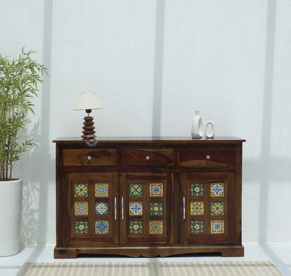 Erlene Solid Rosewood Sideboard – 3 Door Cabinet with Walnut Finish
