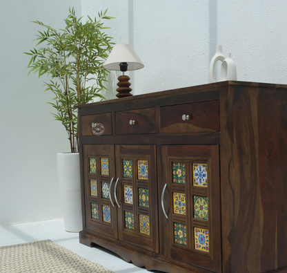 Erlene Solid Rosewood Sideboard – 3 Door Cabinet with Walnut Finish