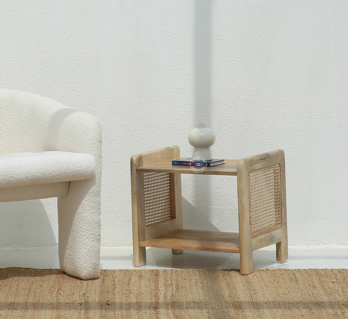 Fair Rattan Sides Wood Side Table with Two Shelves