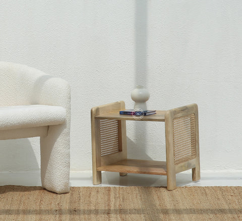 Fair Rattan Sides Wood Side Table with Two Shelves